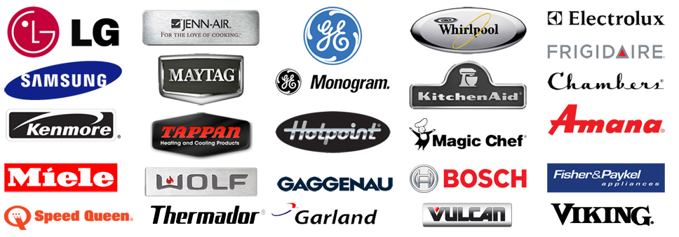 A collection of appliance brand logos: LG, Jenn-Air, GE, Whirlpool, Electrolux, Frigidaire, Chambers, Samsung, Maytag, Monogram, KitchenAid, Kenmore, Tappan, Hotpoint, Magic Chef, Amana, Miele, Wolf, Gaggenau, Bosch, Fisher & Paykel, Speed Queen, Thermador, Garland, Vulcan and Viking.